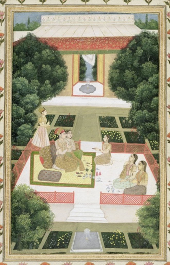 Detail of A couple in a garden listening to music with female attendants by Mughal School