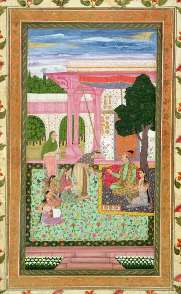 Detail of Emperor Jahangir with his consort and attendants in a garden by School Mughal