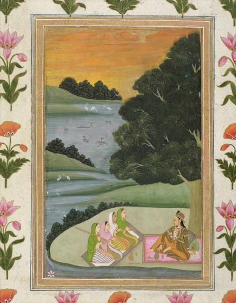 Detail of A Princess listening to female musicians by a river at sunset by Mughal School