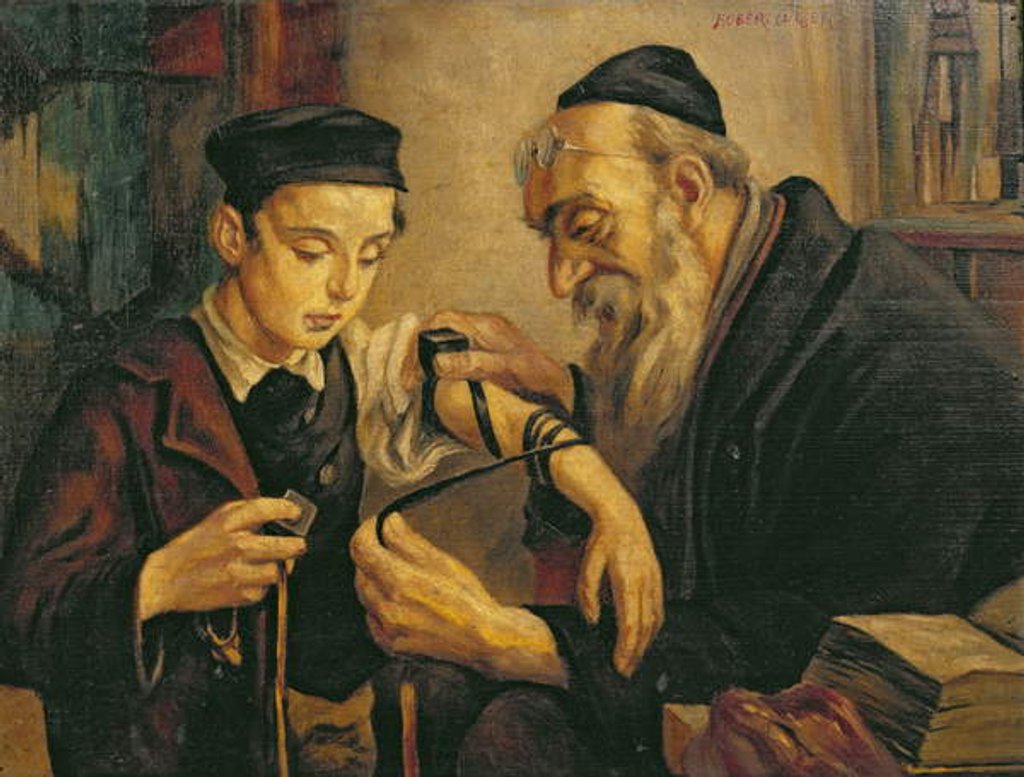 Detail of A Rabbi tying the Phylacteries to the arm of a boy by Franz Obermüller