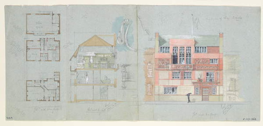 Detail of Front Elevation and Section for House and Studio for Frank Miles, Tite Street, Chelsea, 1878-79 by Edward William Godwin