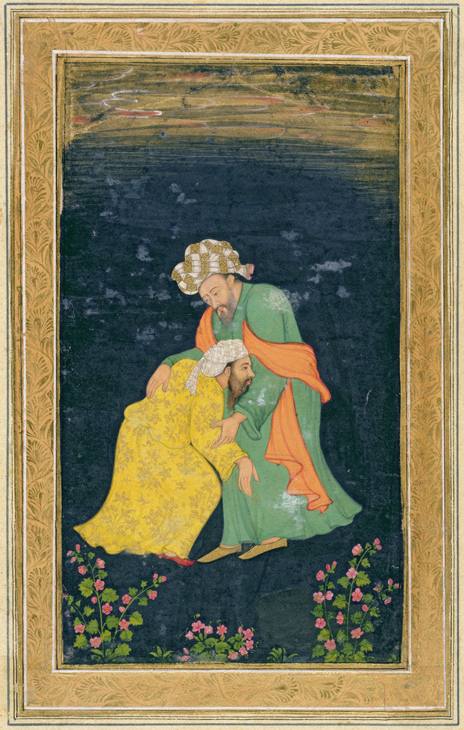 Detail of A Mullah bowing down to a man in Iranian dress who lifts him up from his supplication by School Mughal