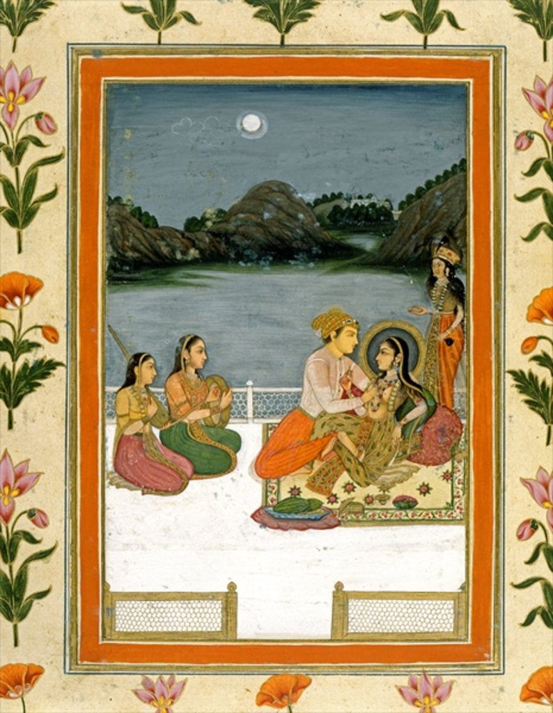 Detail of Lovers on a terrace by a moonlit lake by School Mughal