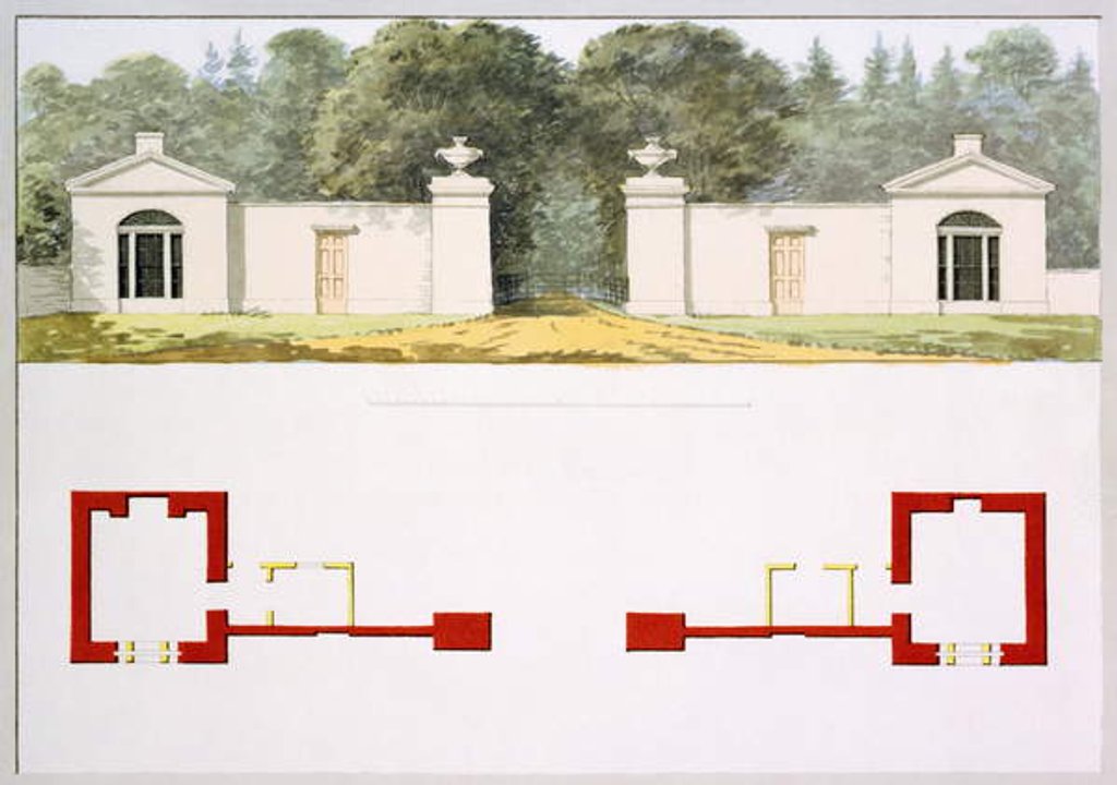 Detail of Elevation and ground plans of proposed new entrance gateway and lodges by Humphry Repton
