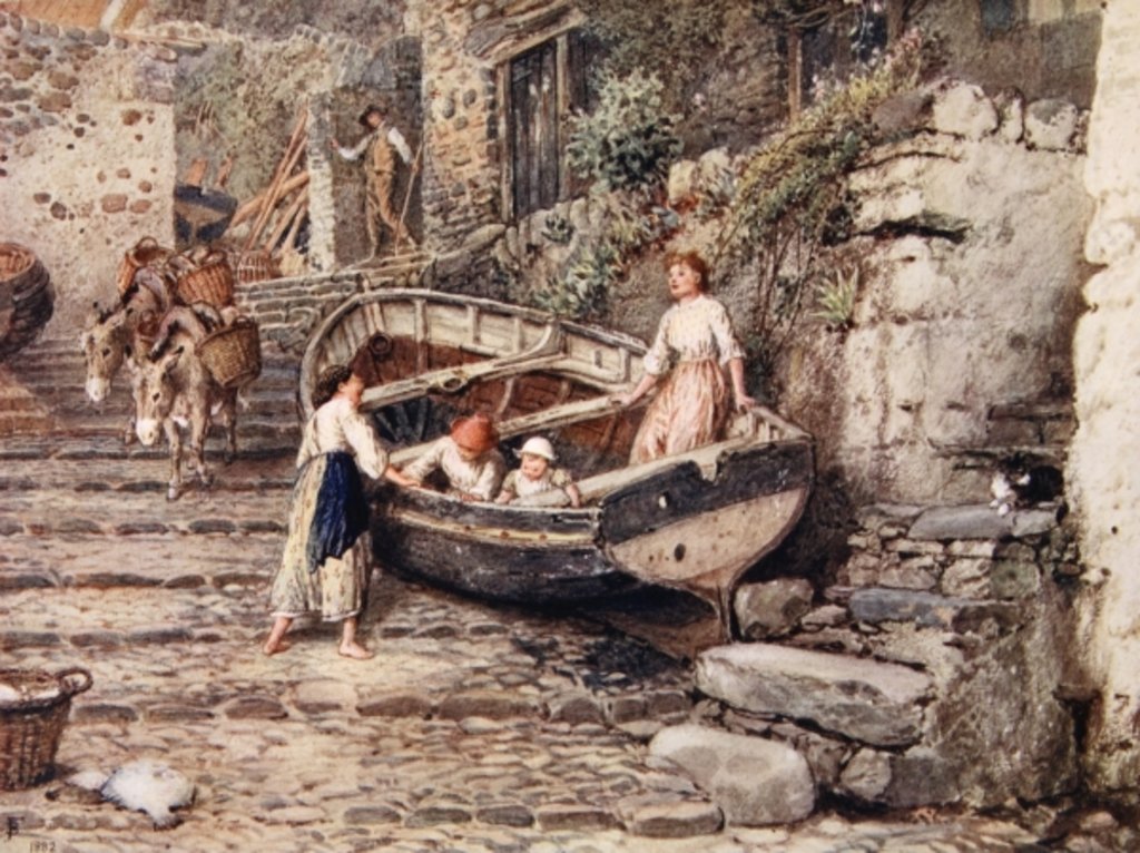 Detail of View of Clovelly, with stranded boat and figures, 1882 by Myles Birket Foster