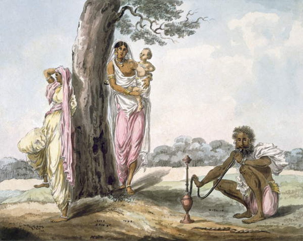 Detail of Family: Man smoking a hookah and girl doing Yoga, c.1850 by Indian School