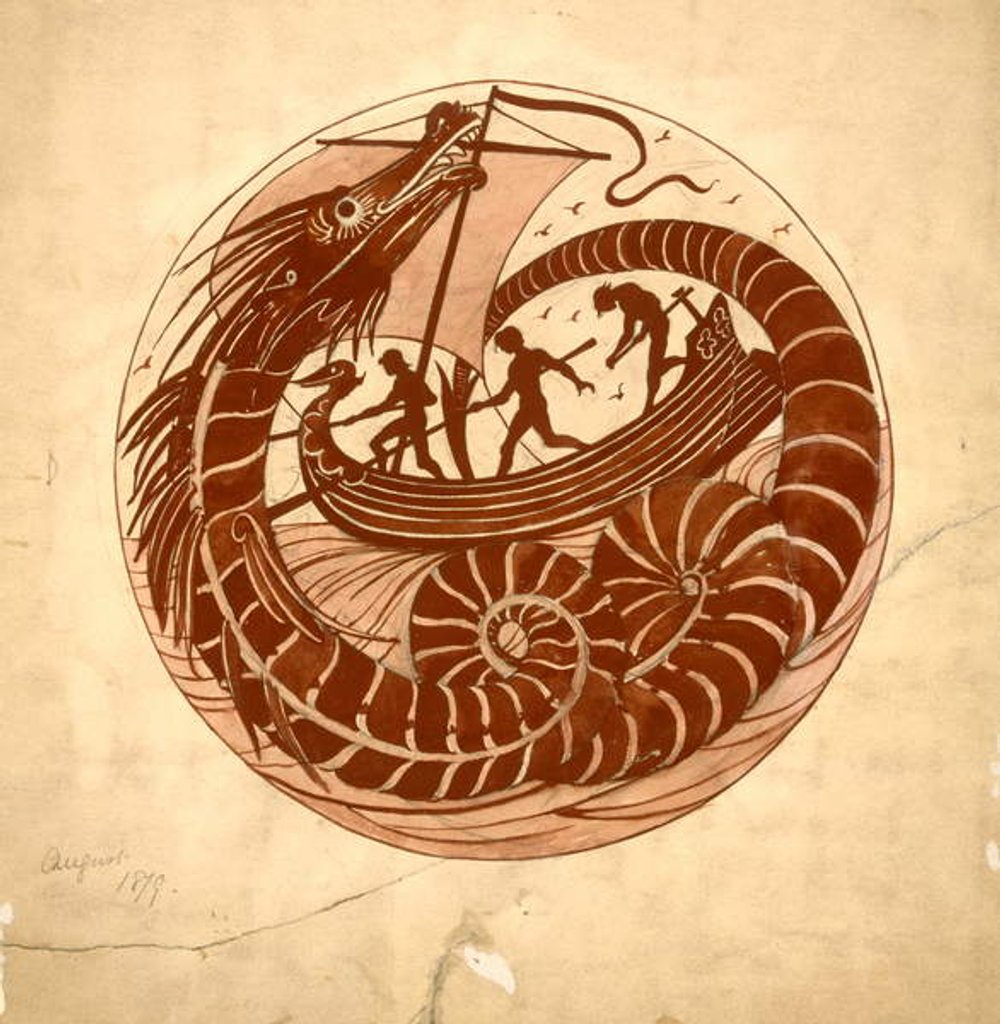 Detail of Design for a Dish using a Sea Dragon and Boat, 1879 by William De Morgan