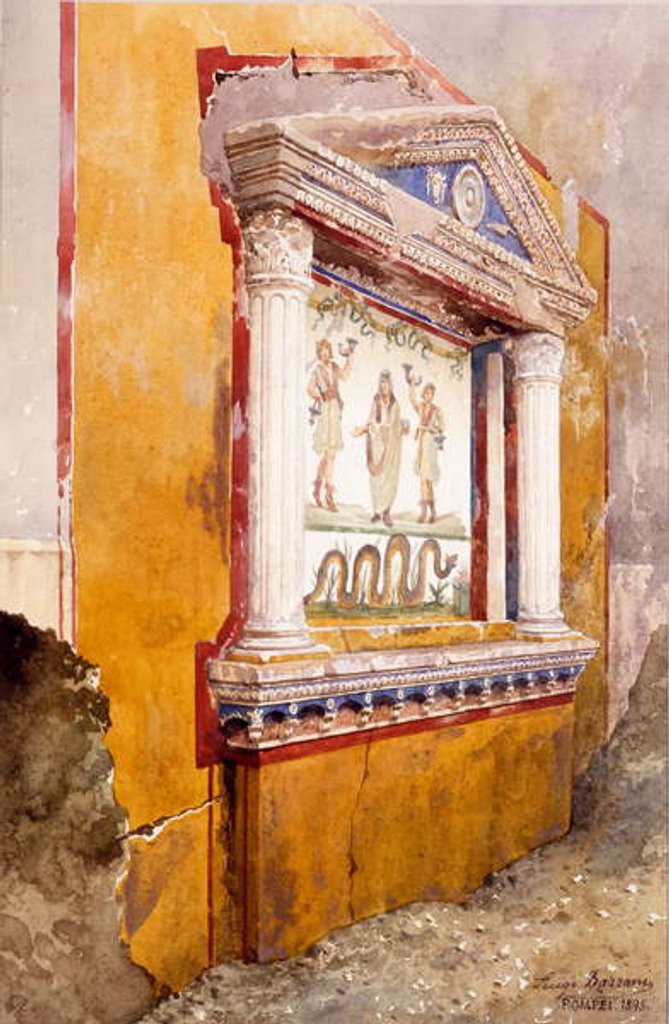 Detail of Lararium of family altar, seen in situ after excavation, House of Aulus Vettius, Pompeii, c.36-39 AD, 1895 by Luigi Bazzani