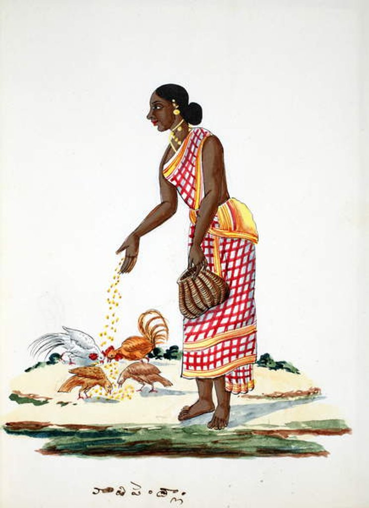 Detail of Woman feeding chickens by Indian School