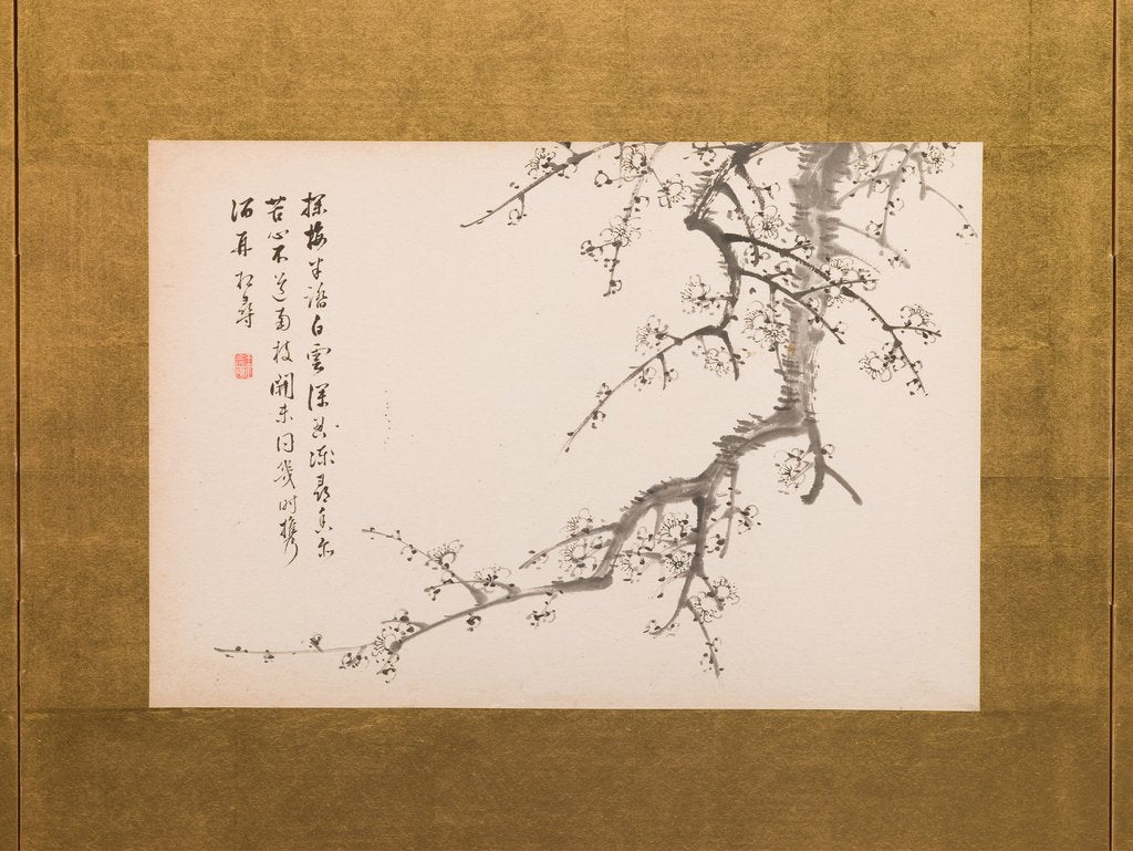 Detail of Prunus Blossoms, folding screen, panel 2 of 4, Edo period 1844 by Yamamoto Baiitsu