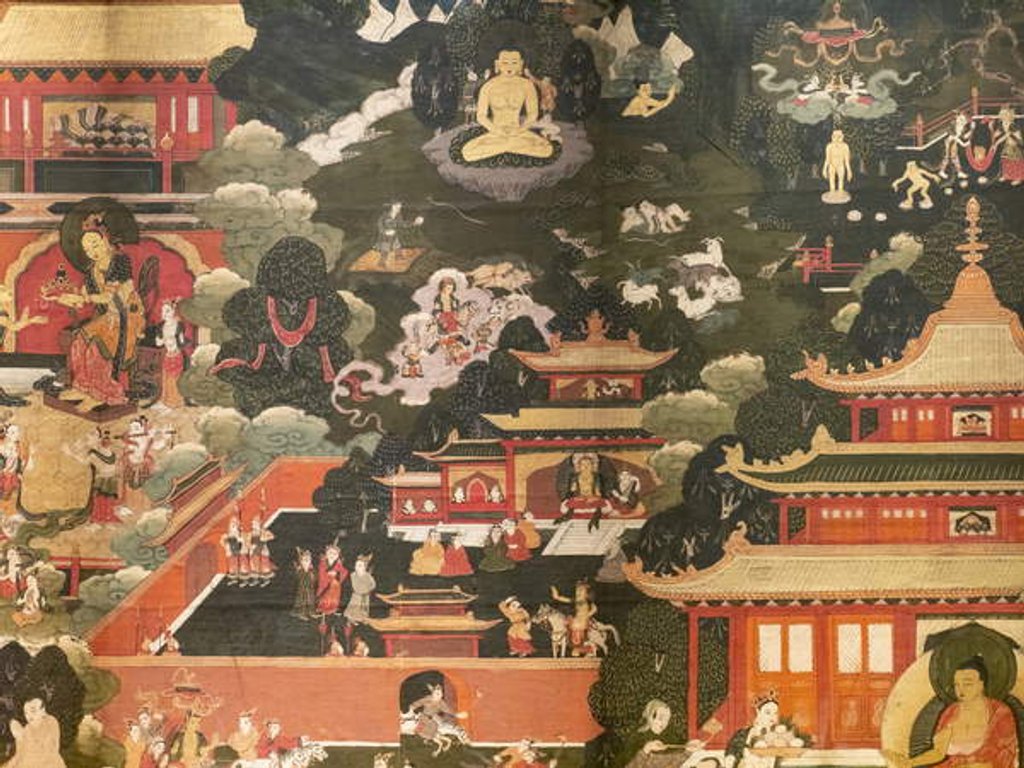 Detail of Scenes of the life of the Buddha Shakyamuni. First half of the 17th century. Detrempe on canvas. by Tibetan School