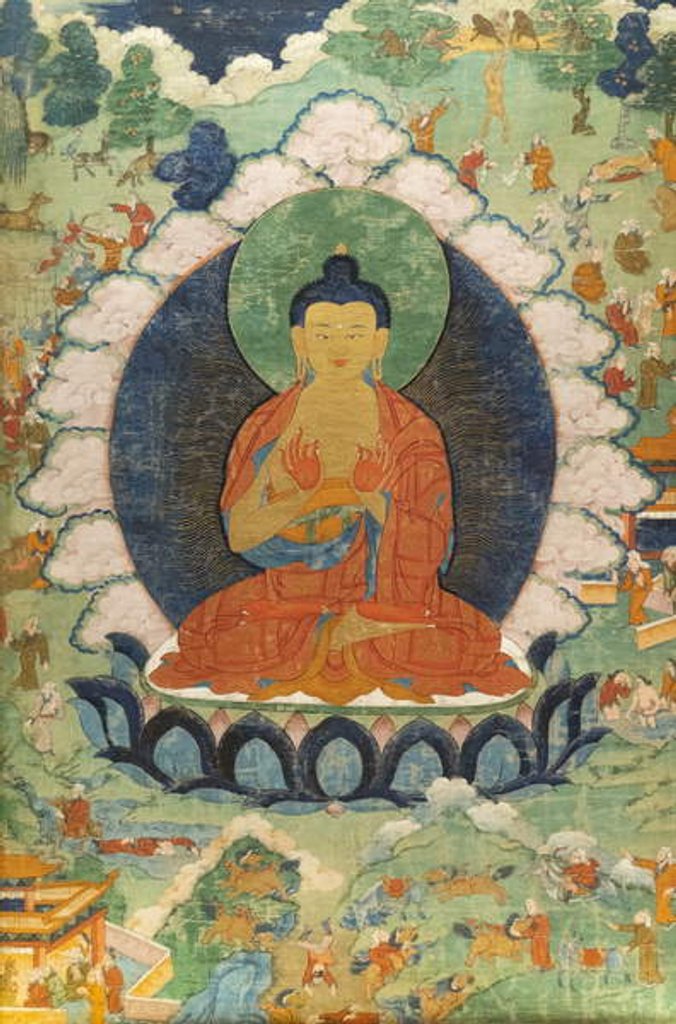 Detail of Buddha and three Jakata: Mahakapi, Ruru, Shaabhamiga. Tibet, 18th century by School Tibetan