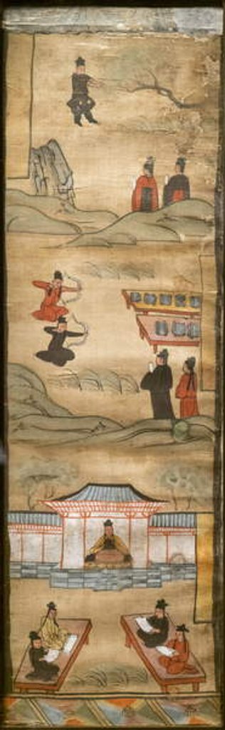 Detail of Contest to get the hand of Yashodhara. China, Gansu Province. Tang Dynasty, second half of the 9th. Light colours on silk. by Chinese School