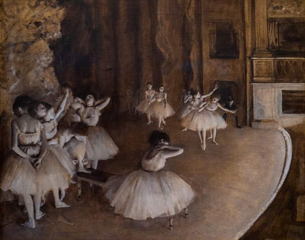 Detail of Ballet repetition on stage. 1874. by Edgar Degas