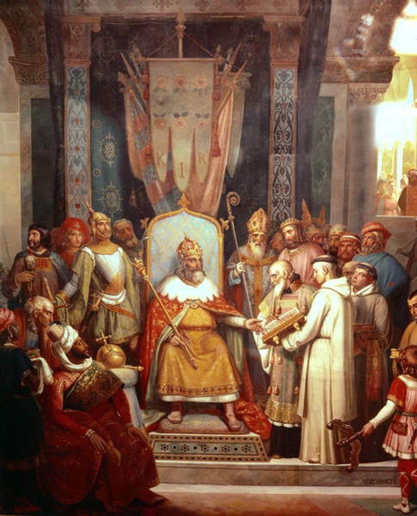 Detail of French king Charlemagne with Alcuin by French School