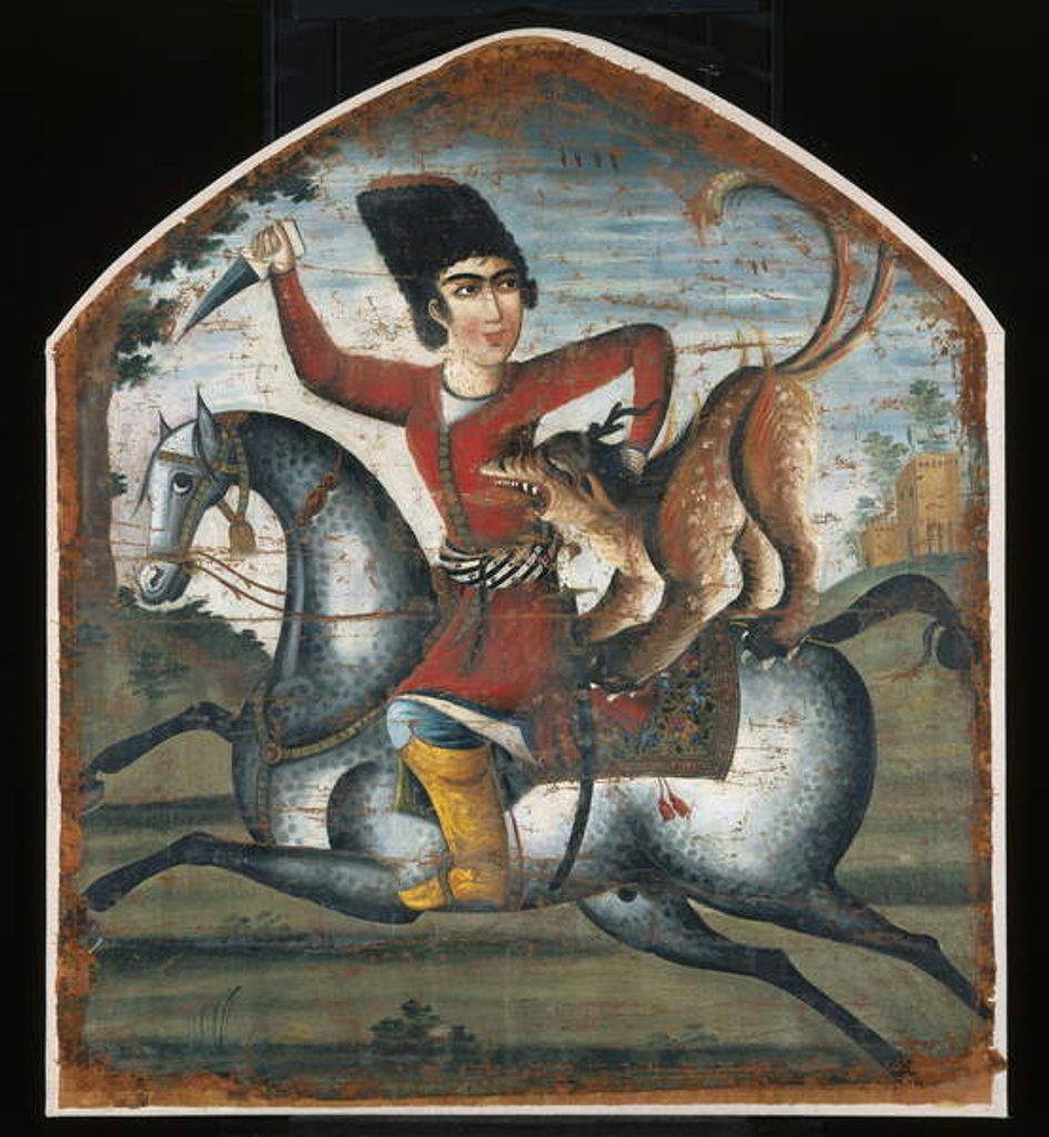 Detail of Hunter on horseback attacked by a mythical beast, mid-18th century by Iranian School