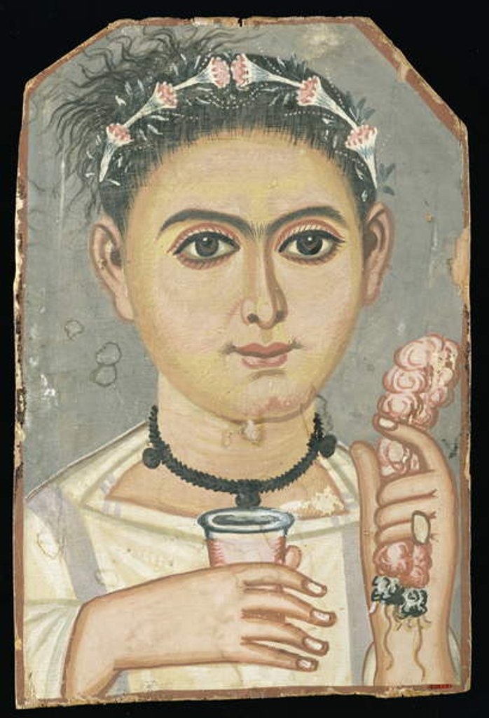 Detail of Portrait of a Young Person: boy with a floral garland in his hair, possibly from Er-Rubiyat, Faiyum, Egypt, c.200-230 by Roman