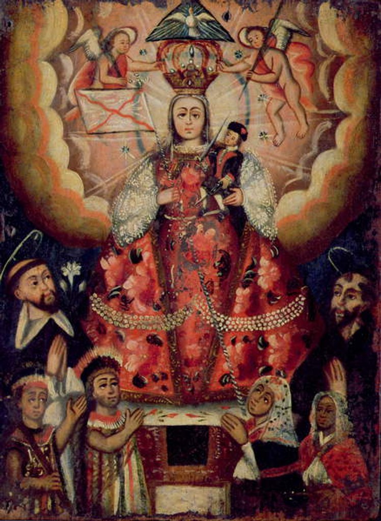 Detail of Madonna with Christ Child, St. Dominic, St. Francis and Native American Worshippers by Bolivian School
