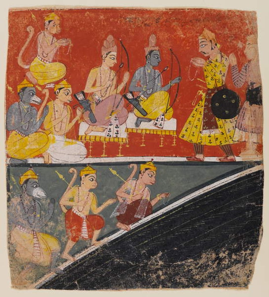 Detail of Rama and Lakshmana receive envoys, page from a dispersed Ramayana series, c.1634 by Indian School