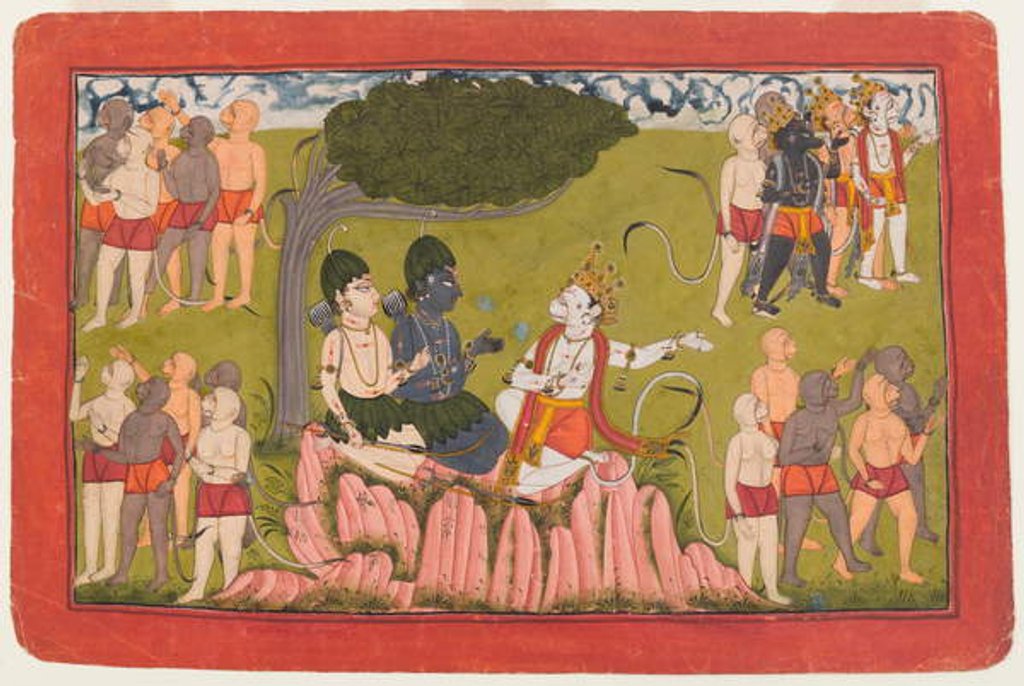 Detail of Rama and Lakshmana confer with Sugriva about the search for Sita, folio from a dispersed Ramayana series, c.1770-10 by Indian School