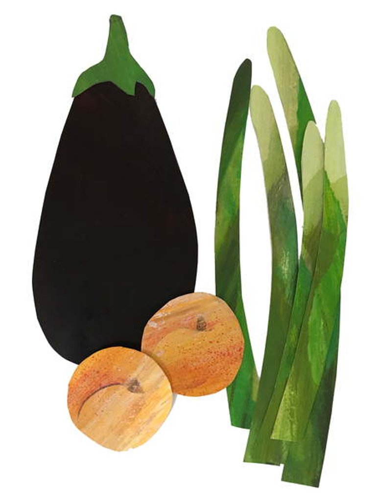 Detail of asparagus, apricots,aubergine, 2019 by Sarah Thompson-Engels