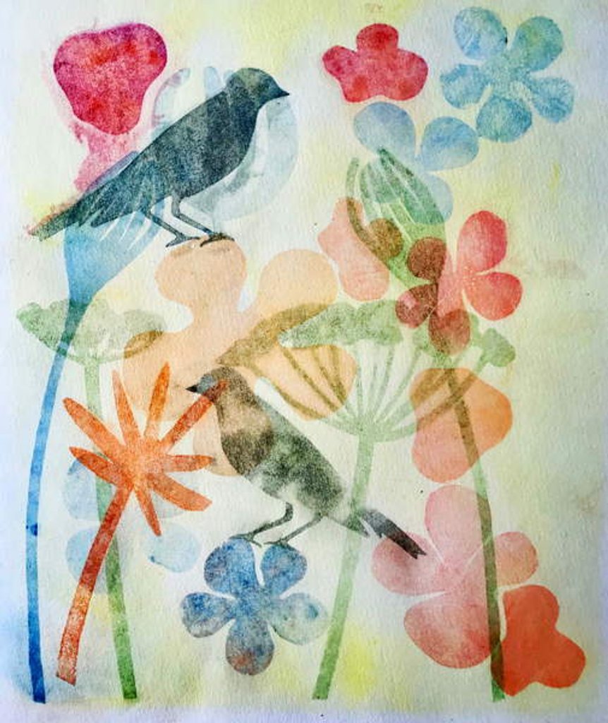 Detail of Two birds and flowers,2019 by Sarah Thompson-Engels