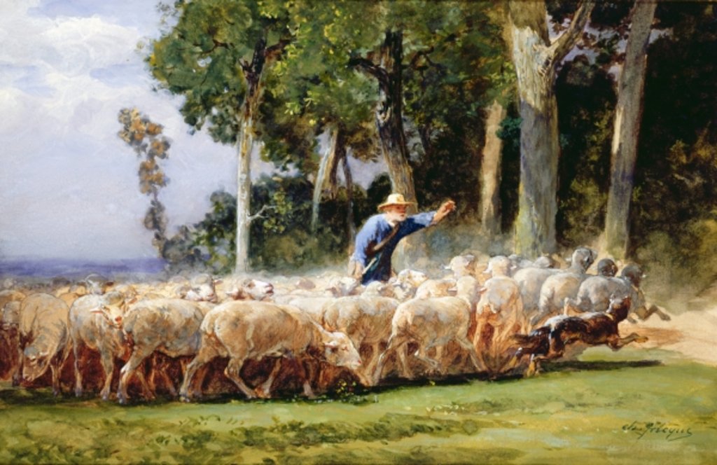 Detail of A Shepherd with a Flock of Sheep by Charles Emile Jacques