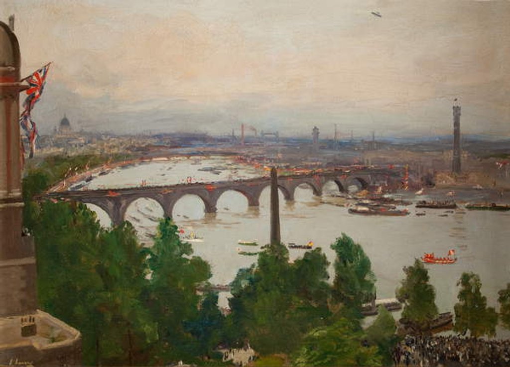 Detail of The River Pageant, as seen from the home of Sir James Barries, Adelphi Terrace, London, 4 August 1919, 1919 by John Lavery