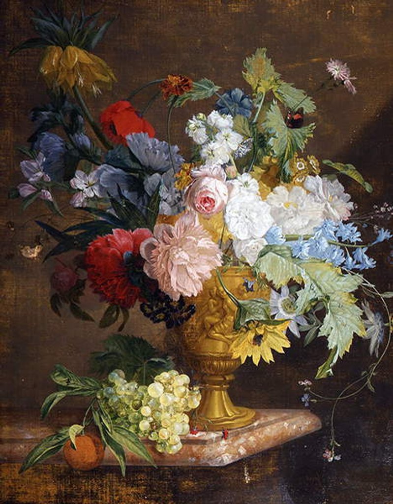 Detail of Still Life of Flowers in a Golden Vase on a Marble Ledge by Jan van Huysum
