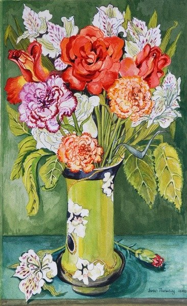 Detail of Carnations and Alstroemeria in an Art Nouveau Vase, 2011 by Joan Thewsey