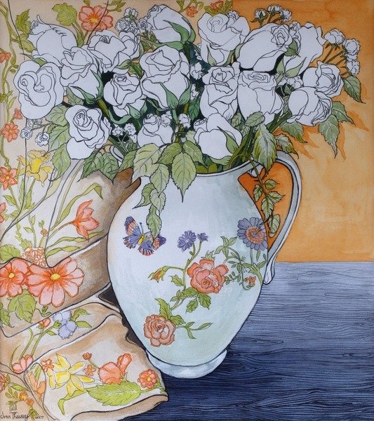 Detail of White Roses in a Patterned Jug, 2011 by Joan Thewsey