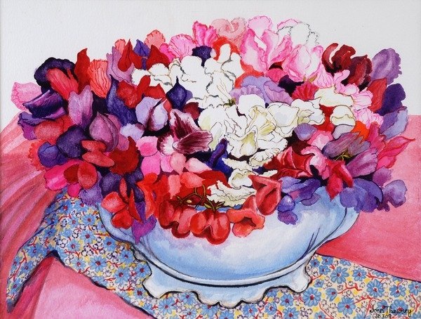 Detail of Sweet Peas in a Victorian Pot with Textiles, 2012 by Joan Thewsey