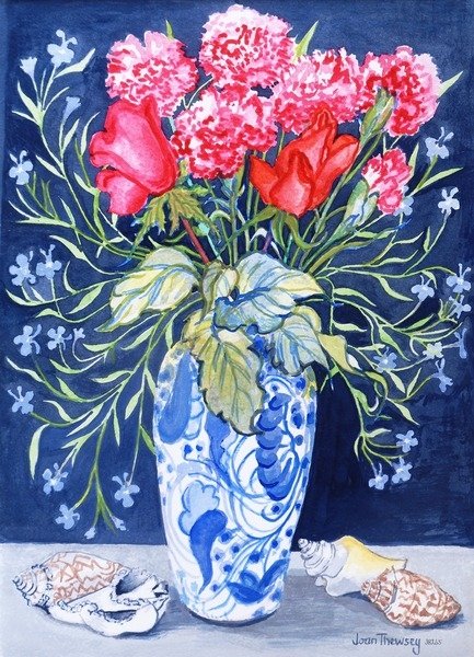 Detail of Roses, Carnations and Lobelia in a Blue and White Vase,3 Shells Textiles, 2011 by Joan Thewsey