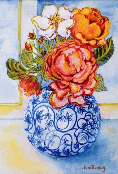 Detail of Cottage Roses, Round Blue and White Vase, 2004 by Joan Thewsey
