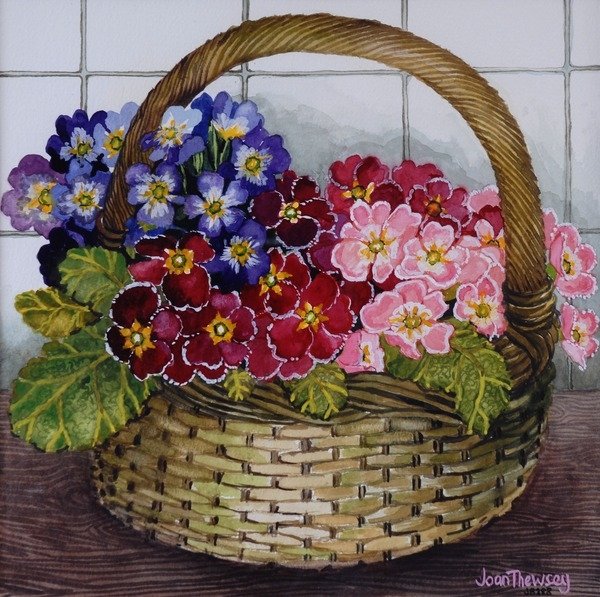 Detail of Red Mauve and Pink Primroses in a Basket, 2012 by Joan Thewsey