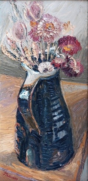 Detail of Dried Flowers in a Bernard Leach Jug, 2000 by Joan Thewsey