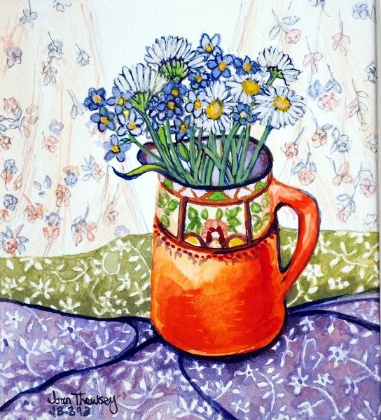 Detail of Daisies and Forget-Me-Nots Orange Jug and Patterned Fabric, 2015 by Joan Thewsey