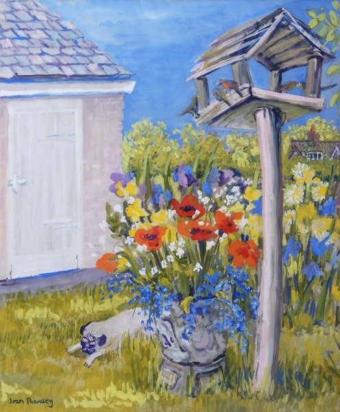 Detail of Cottage Garden with Birdhouse and Pug, 2011 by Joan Thewsey