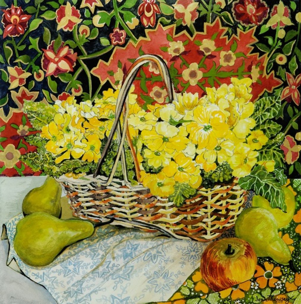 Detail of Yellow Primroses in a Basket, with Fruit and Textiles, 2010 by Joan Thewsey