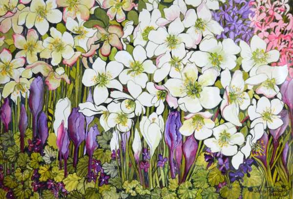 Detail of Spring Border: Hellebores, Crocus and Violets, 2000 by Joan Thewsey