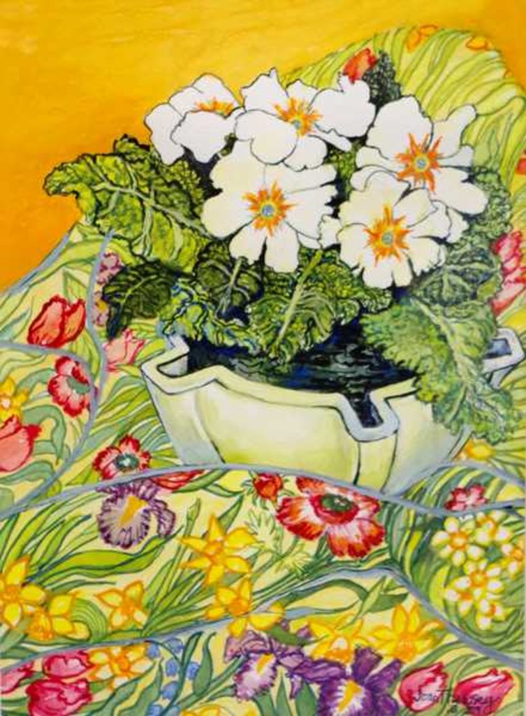 Detail of Pale Primrose in a Pot with Spring-flowered Textile, 2000 by Joan Thewsey
