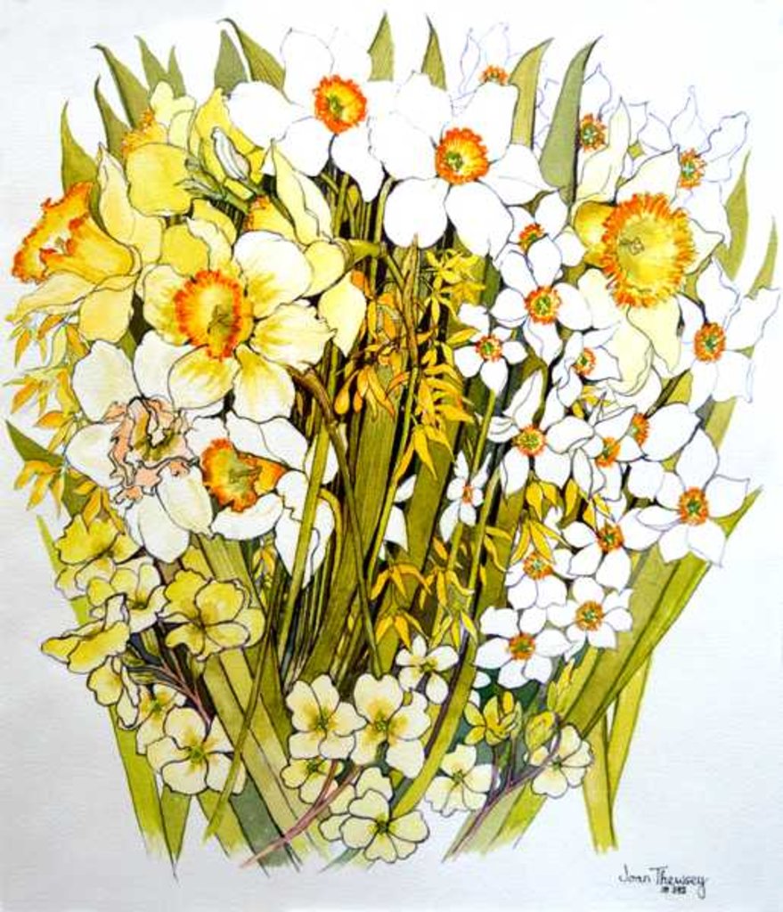 Detail of Daffodils, Narcissus, Forsythia and Primroses, 2000 by Joan Thewsey