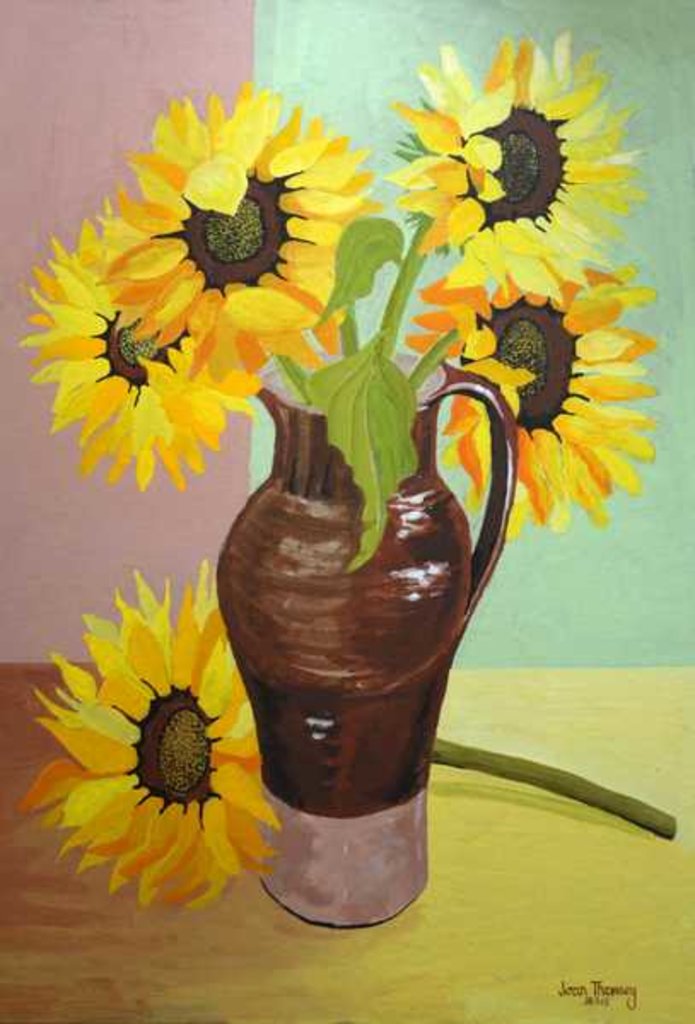 Detail of Five Sunflowers in a Tall Brown Jug, 2007 by Joan Thewsey