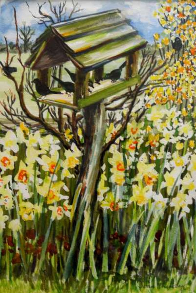 Detail of Daffodils, and Birds in the Birdhouse, 2000 by Joan Thewsey