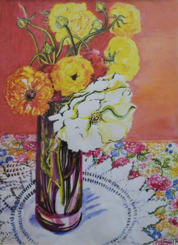 Detail of Ranunculus on a Lace Cloth, 2001 by Joan Thewsey