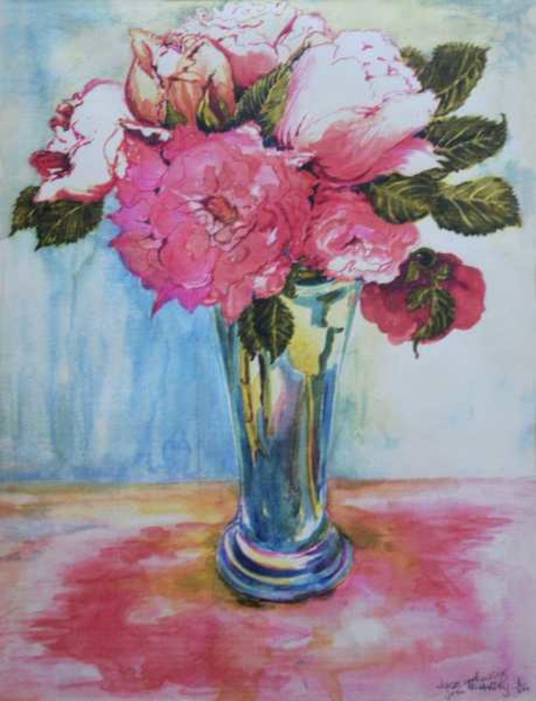 Detail of Pink Roses in a Blue Glass, 2000 by Joan Thewsey