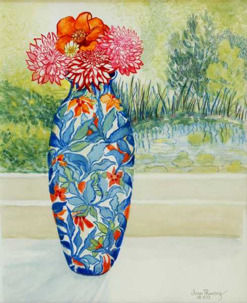 Detail of Vase with Dahlias and View of the Pond, 2001 by Joan Thewsey