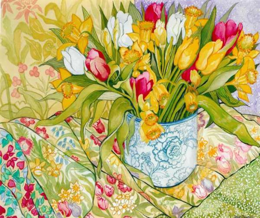 Detail of Tulips and Daffodils with Patterned Textiles, 2000 by Joan Thewsey
