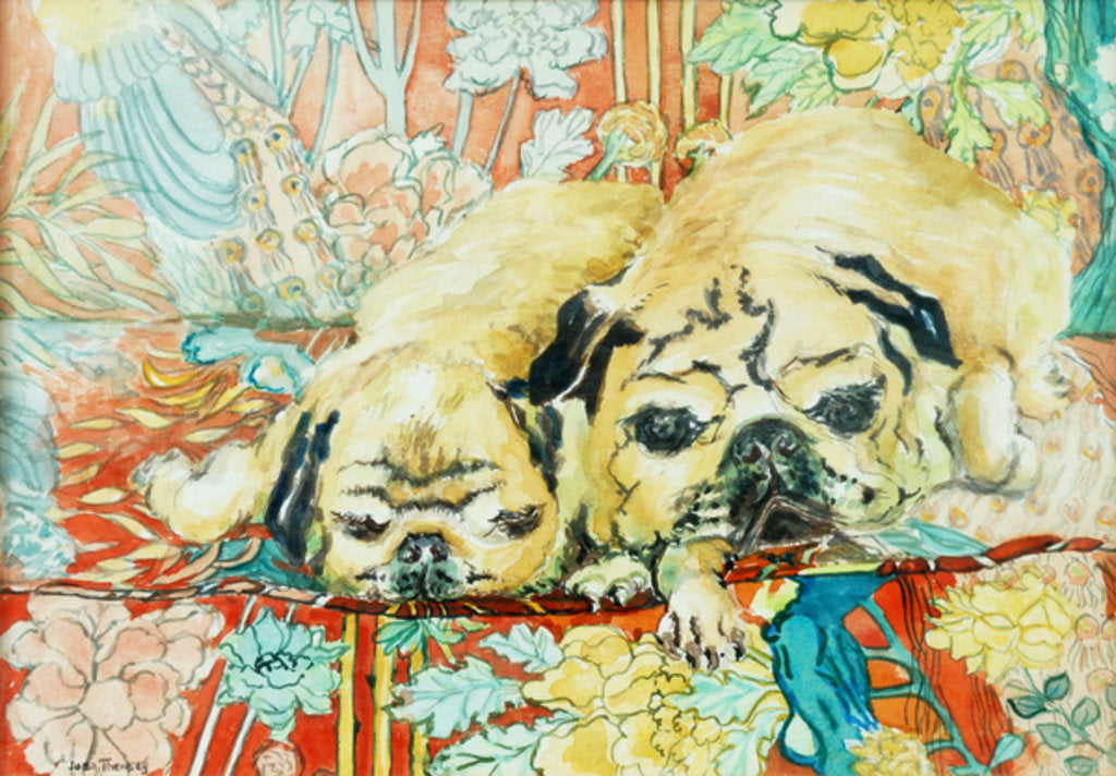 Detail of Pugs on a Chinese Print Sofa, 2000 by Joan Thewsey