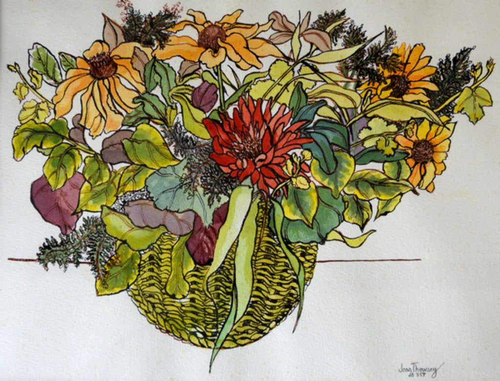Detail of Rudbeckia with foliage in a basket, 2011 by Joan Thewsey